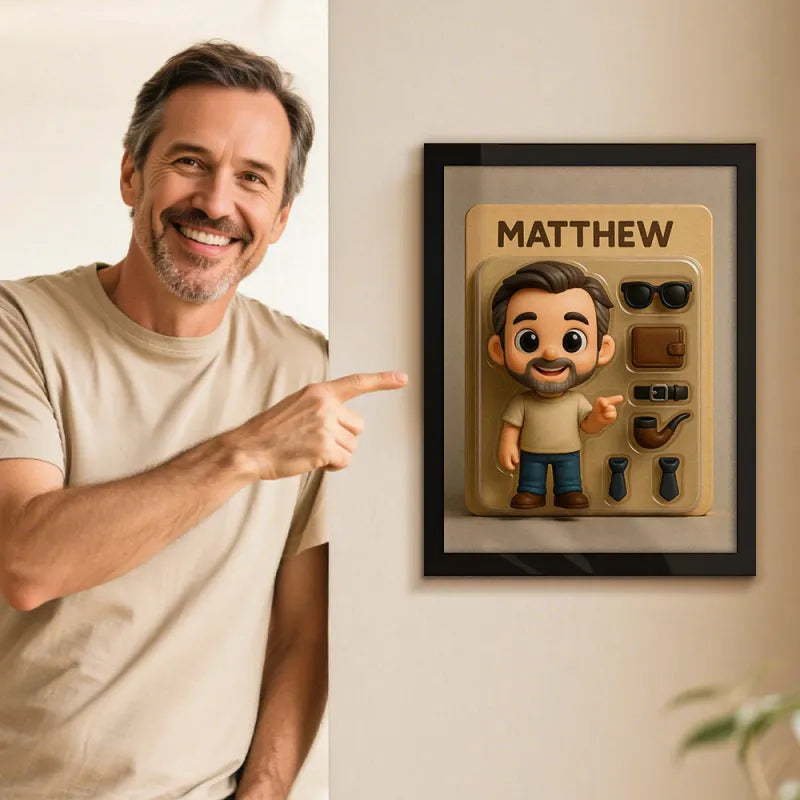 Personalisiertes Figuren-Porträt im Toy-Box-Design – Individuelles Cartoon-Foto als flacher Druck im Sammlerrahmen