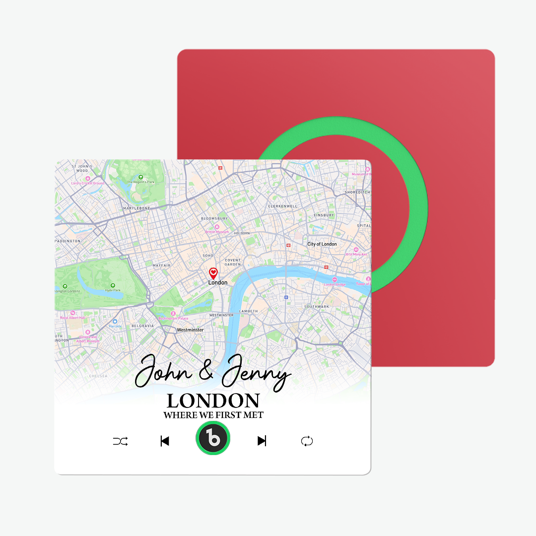 FridgeBeats Rahmenloser Individueller Karten-Kühlschrank-Magnet mit Personalisierbarem Ort und Deinem Text, Perfekt für den Valentinstag – Neue 4.0 Version.