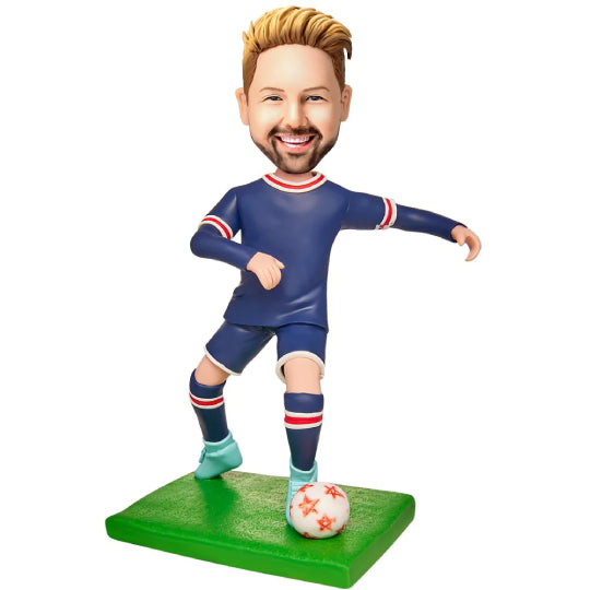 Personalizirani nogometni bobblehead – igrač u plavoj uniformi s graviranjem