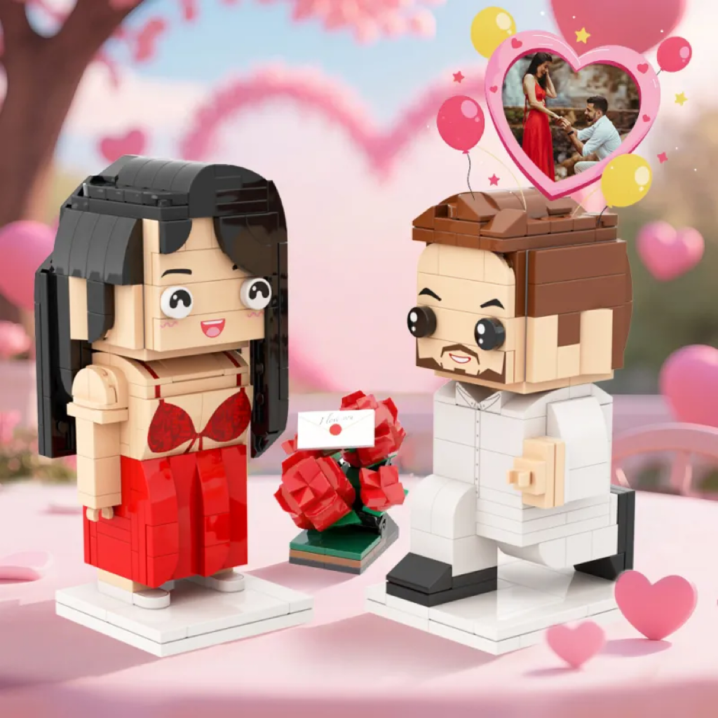 Personalisiertes Bausteinfiguren-Paar mit Heiratsantrags-Pose – Individuelles Paar-Set als romantisches Geschenk