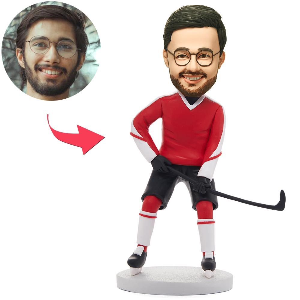 Personalisierter Hockey-Bobblehead – Spieler in rotem Trikot mit Gravur
