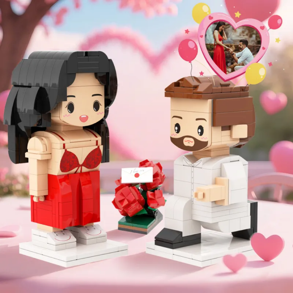 Personalisiertes Bausteinfiguren-Paar mit Heiratsantrags-Pose – Individuelles Paar-Set als romantisches Geschenk